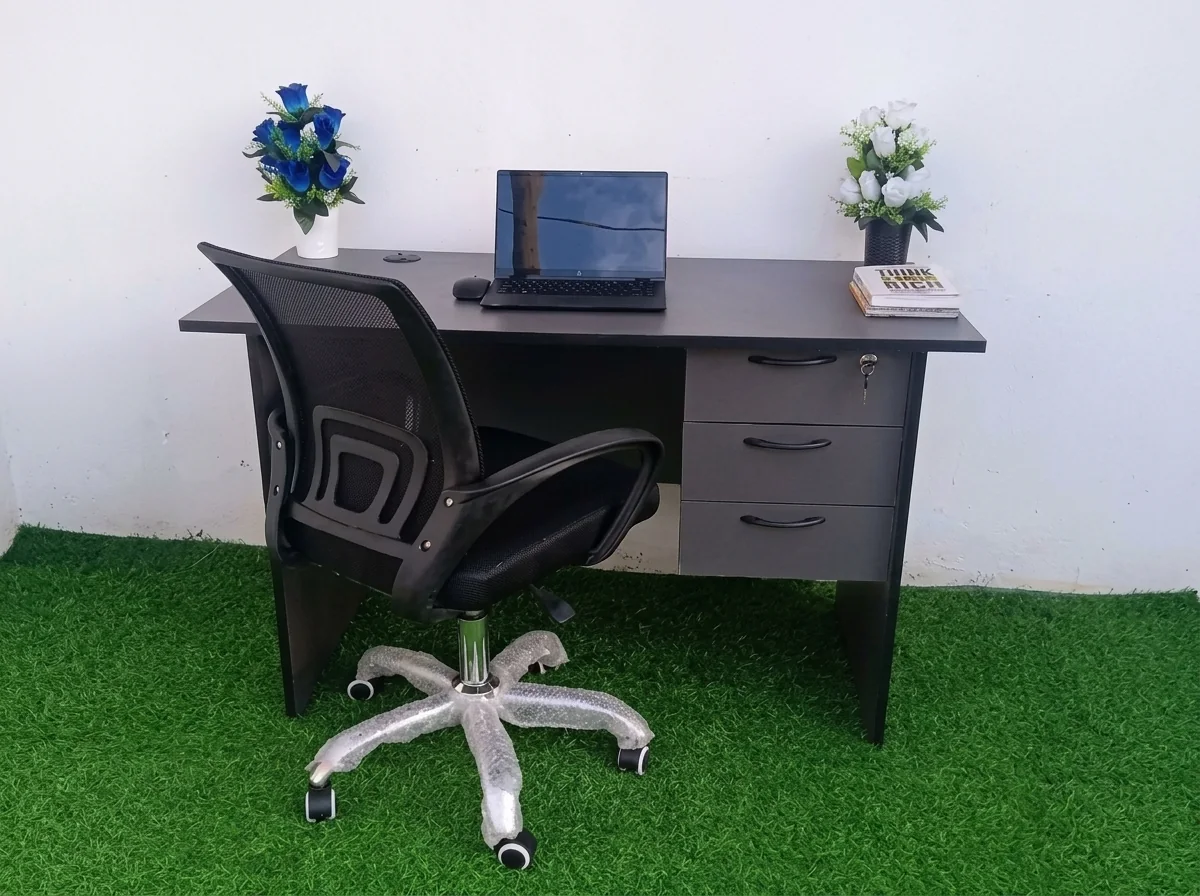 Grey Wood Desk & Mesh Chair Set