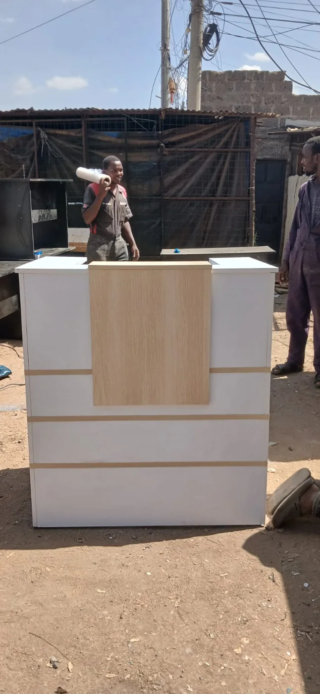 White Reception Desk with Light Wood Center