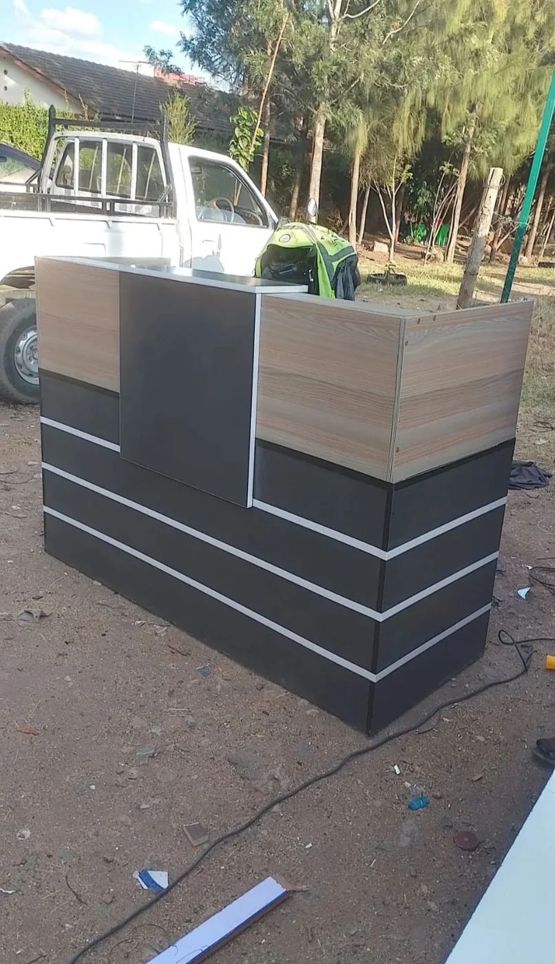 Grey & Wood Reception Desk with White Stripes