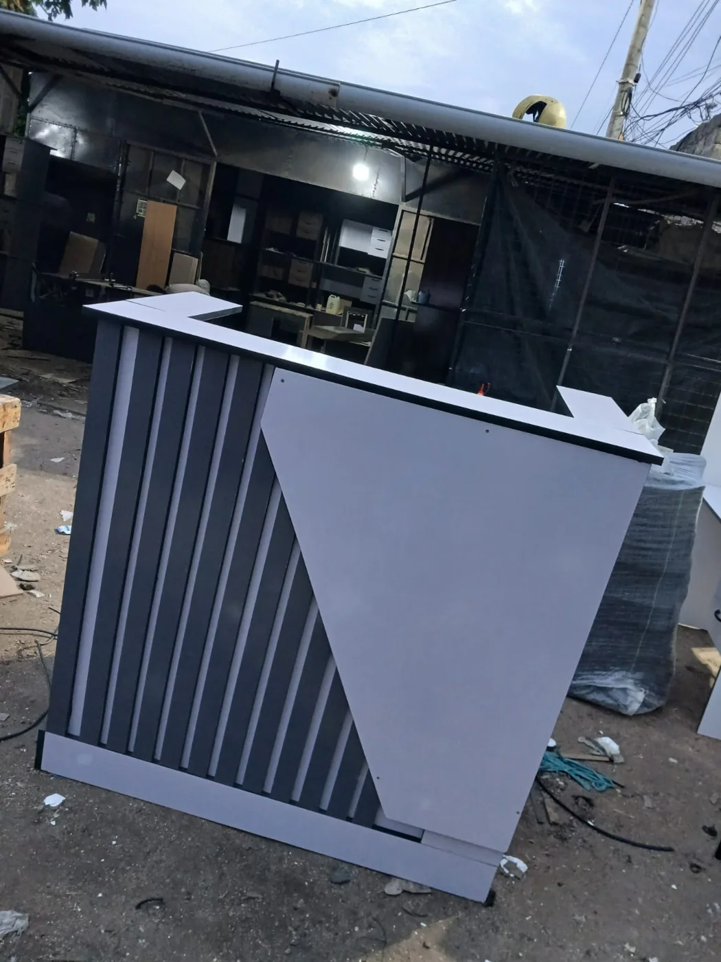 Modern Fluted Grey Reception Desk with White Fascia