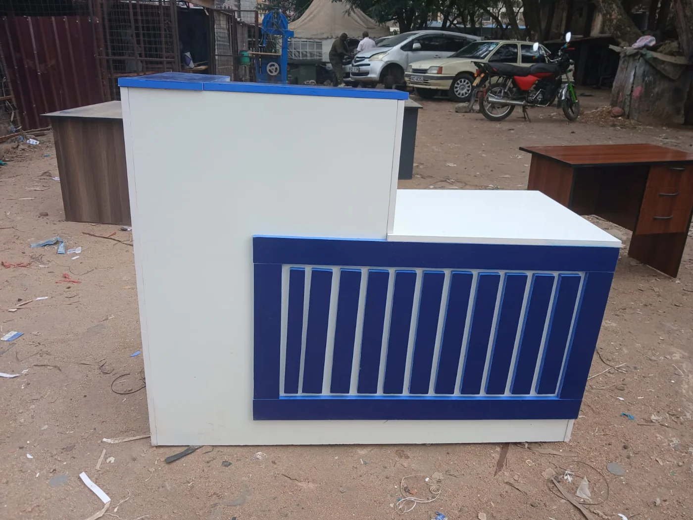 White & Blue Reception Desk
