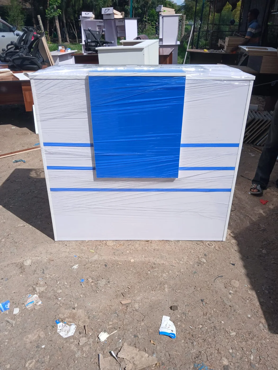 White & Blue Reception Desk