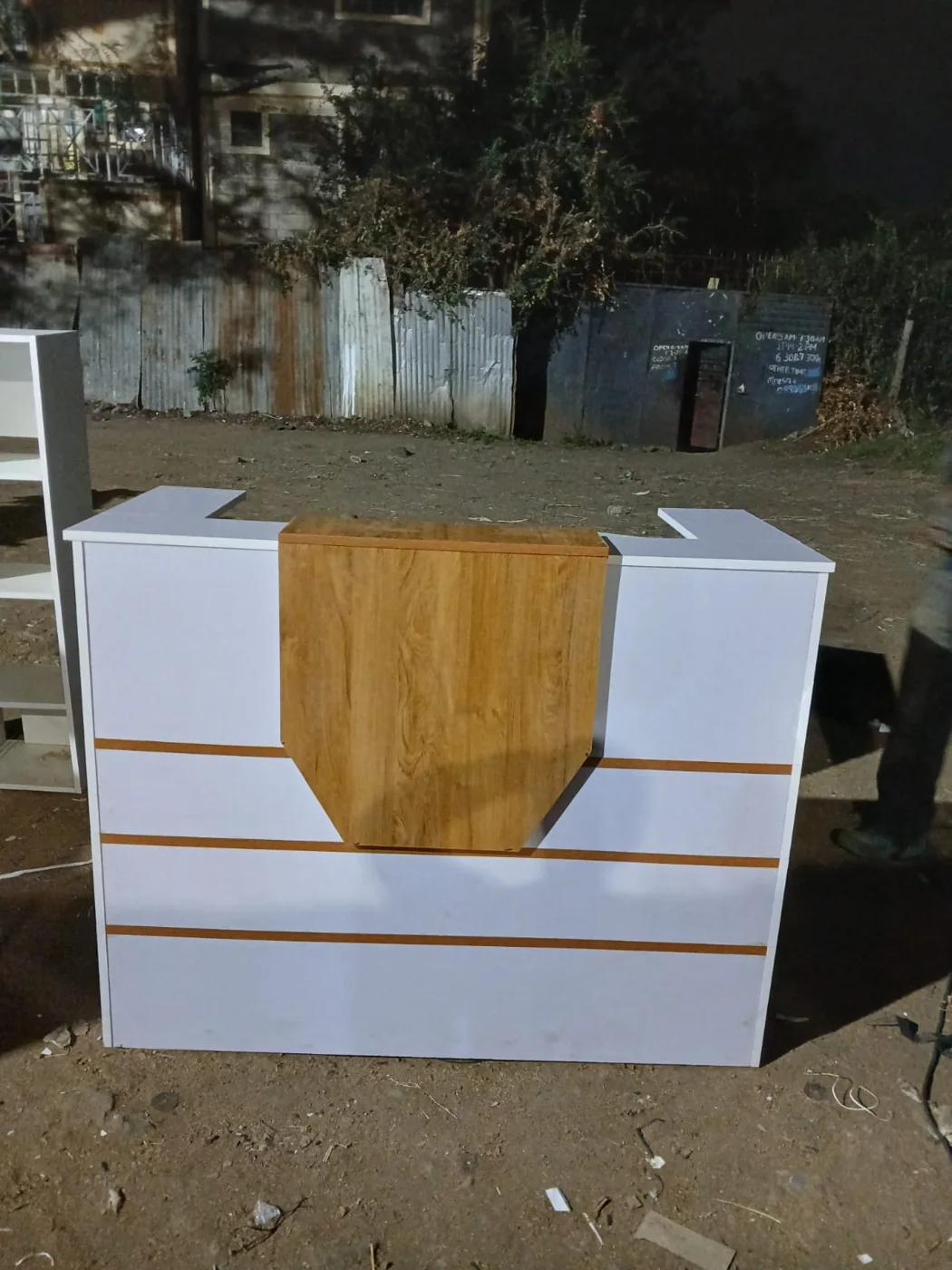 White Reception Desk with Wood Center Inlay