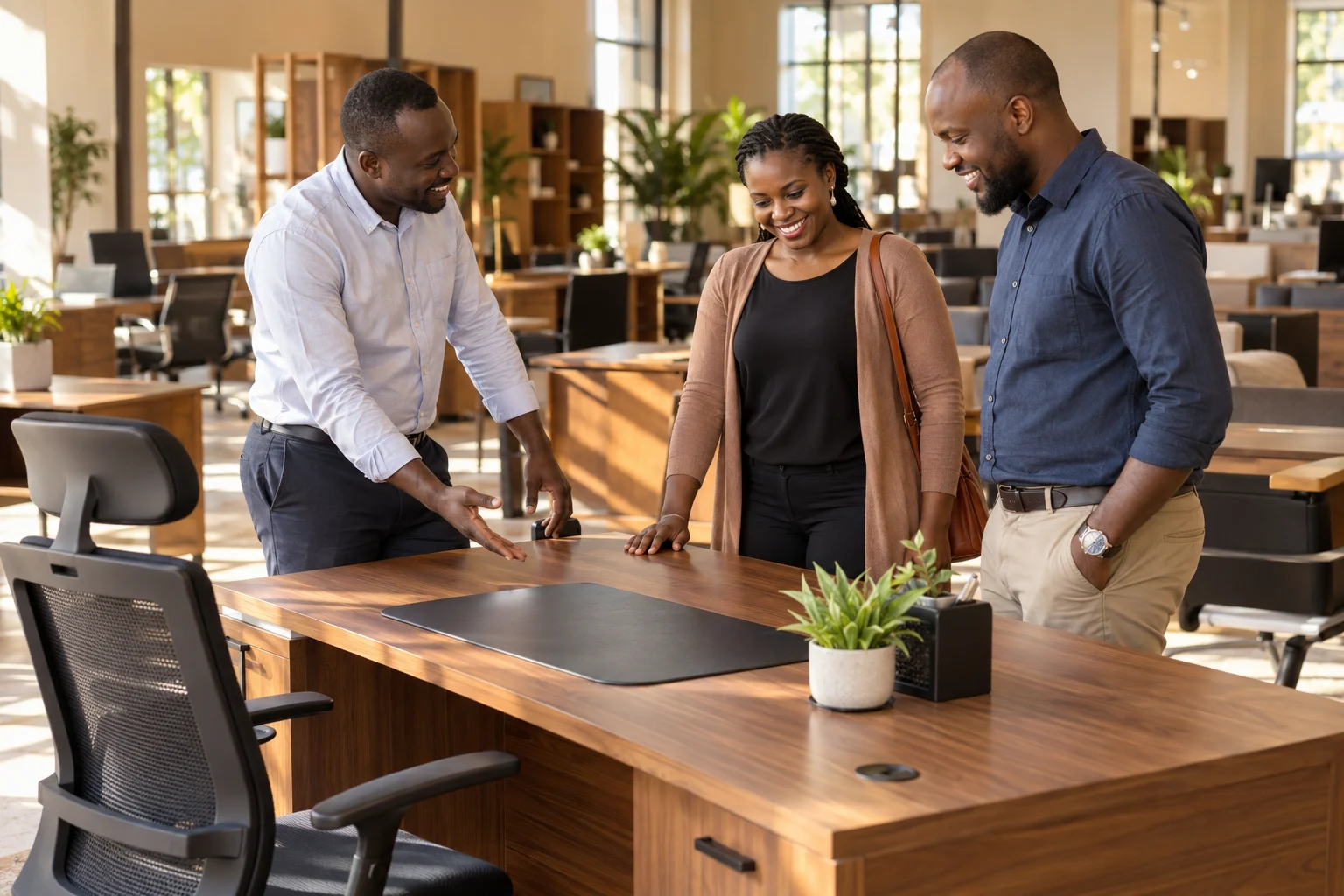 AI-generated lifestyle scene of Kenyan adults exploring a furniture showroom