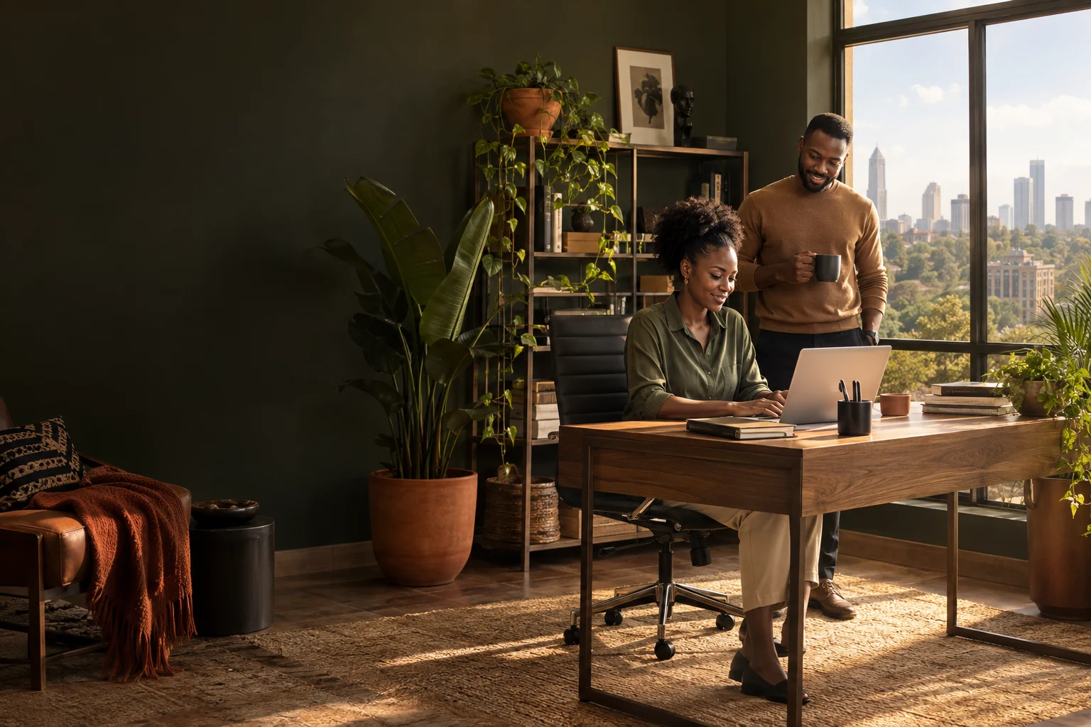 Illustrative Kenyan home office with two adults and a sunlit workspace